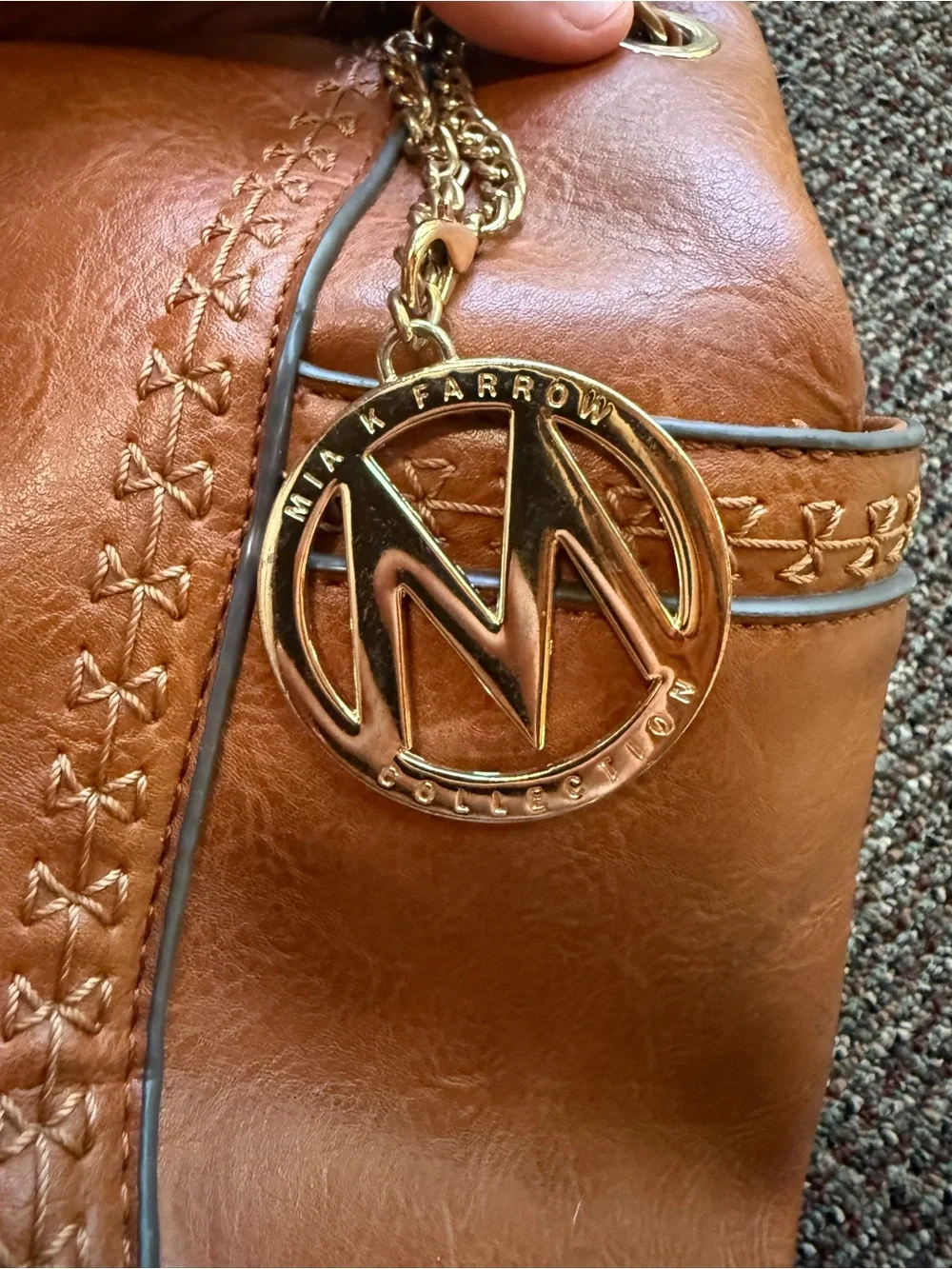 Leather Chain-Accent Shoulder Bag in Cognac